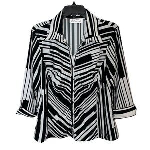 Giorgio Fiorlini Button Down Blouse Shirt 3/4 Sleeved Black White Pleated Sz L
